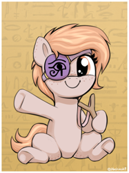 Size: 1180x1574 | Tagged: safe, artist:heretichesh, derpibooru import, oc, oc only, oc:sandy sling, earth pony, pony, cute, egyptian, egyptian pony, eyepatch, female, filly, foal, hieroglyphics, looking at you, ocbetes, sitting, slingshot, smiling, smiling at you, solo, underhoof, waving, waving at you