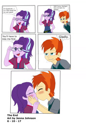 Size: 1024x1451 | Tagged: safe, artist:stella-exquisa, derpibooru import, starlight glimmer, sunburst, human, equestria girls, blushing, clothes, comic, deviantart watermark, dialogue, duo, equestria girls-ified, eyes closed, female, glasses, glasses off, kiss on the lips, kissing, male, obtrusive watermark, shipping, simple background, smiling, starburst, straight, watermark, white background