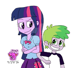 Size: 947x844 | Tagged: safe, artist:stella-exquisa, derpibooru import, spike, twilight sparkle, human, equestria girls, brother and sister, clothes, deviantart watermark, duo, female, grin, human spike, humanized, male, nudge, obtrusive watermark, siblings, simple background, smiling, story included, transparent background, watermark