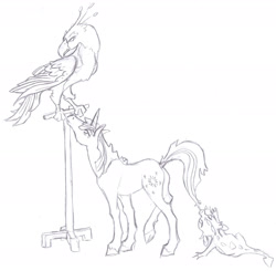 Size: 2376x2326 | Tagged: safe, artist:foldawaywings, derpibooru import, philomena, spike, twilight sparkle, unicorn twilight, bird, dragon, phoenix, pony, unicorn, baby, baby spike, butt, female, filly, filly twilight sparkle, foal, grayscale, male, monochrome, pencil drawing, perch, plot, realistic anatomy, realistic horse legs, traditional art, younger
