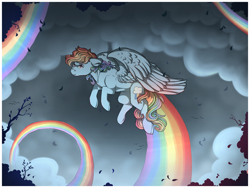 Size: 1032x774 | Tagged: safe, artist:binibean, derpibooru import, rainbow dash, pegasus, pony, cloud, ears, female, floppy ears, flying, looking at you, mare, rainbow, smiling, smiling at you, solo