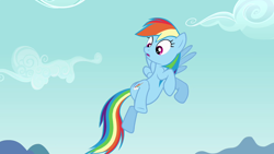 Size: 1280x720 | Tagged: safe, derpibooru import, screencap, rainbow dash, pony, pinkie pride, anatomically incorrect, cloud, female, flying, incorrect leg anatomy, mare, mountain, open mouth, outdoors, raised hoof, raised leg, sky, solo, spread wings, wings