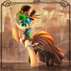 Size: 5000x5000 | Tagged: safe, artist:atlas-66, derpibooru import, oc, oc only, pony, airship, clothes, dress, goggles, hat, solo, steampunk, top hat