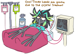 Size: 1412x1026 | Tagged: safe, artist:threetwotwo32232, derpibooru import, oc, oc only, oc:cool time, human, bed, crystal treatment, doom, female, hospital, humanized, simple background, solo, transparent background