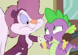 Size: 1221x874 | Tagged: artist needed, safe, derpibooru import, edit, edited screencap, screencap, spike, dragon, skunk, dragon dropped, animal, animated, crossover, crossover shipping, date, fifi la fume, food, ice cream, love, relationship, shipping, tiny toon adventures