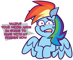 Size: 3805x3105 | Tagged: safe, artist:threetwotwo32232, derpibooru import, rainbow dash, pegasus, pony, dialogue, female, looking at you, mare, misspelling of you're, simple background, talking to viewer, talking to you, transparent background, uncomfortable, unrequited, waifu