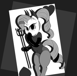 Size: 5036x4961 | Tagged: safe, artist:realgero, derpibooru import, rarity, semi-anthro, unicorn, alternate hairstyle, black and white, clothes, costume, grayscale, latex, monochrome, simple background, solo