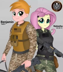 Size: 1080x1225 | Tagged: safe, artist:edy_january, artist:jake_mccray_, derpibooru import, big macintosh, fluttershy, human, equestria girls, alternate name, american flag, ar-15, assault rifle, body armor, bullpup assault rifle, call of duty, call of duty warzone, call of duty: modern warfare 2, camouflage, clothes, duo, duo male and female, female, fluttermac, freckles, gray background, gun, male, military, military uniform, rifle, sai ar-15, shipping, simple background, smiling, soldier, special forces, straight, tar21, tarvor 21, uniform, united states, weapon