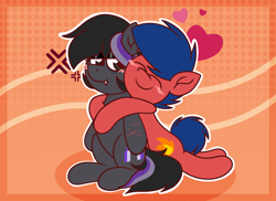 Size: 1920x1400 | Tagged: safe, artist:thebadbadger, derpibooru import, oc, oc only, oc:kwikki, oc:phire demon, bat pony, pony, annoyed, heart, hug, hug from behind, oc x oc, outline, scar, shipping, white outline