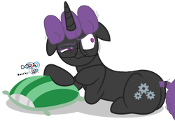 Size: 4400x3050 | Tagged: safe, artist:hexals, derpibooru import, oc, oc only, oc:hexaline equeeb, pony, unicorn, base used, black coat, butt, cutie mark, ears, floppy ears, glasses, lying down, messy mane, messy tail, pillow, plot, purple eyes, purple mane, purple tail, simple background, solo, tail, tail wrap, transparent background