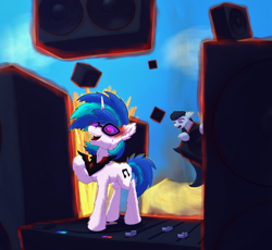 Size: 640x589 | Tagged: safe, artist:gosha305, derpibooru import, dj pon-3, octavia melody, vinyl scratch, alicorn, earth pony, pony, unicorn, alicorn amulet, cheek fluff, corrupted, duo, duo female, ear fluff, ears, evil, evil laugh, female, full body, horn, laughing, magic, mixing console, multicolored hair, shocked, smoke, speaker, sunglasses, telekinesis, wub, xk-class end-of-the-world scenario