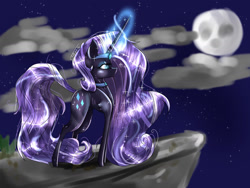 Size: 1600x1200 | Tagged: safe, artist:amai-aji, derpibooru import, nightmare rarity, pony, unicorn, g4, beautiful, blue eyes, cloud, contemplating, digital art, ethereal mane, ethereal tail, eyeshadow, female, flowing mane, flowing tail, glowing, glowing horn, grass, horn, lidded eyes, lonely, long horn, magic, makeup, mare, moon, night, purple mane, purple tail, sad, solo, sparkles, starry mane, starry tail, stars, tail