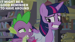 Size: 2000x1125 | Tagged: safe, derpibooru import, edit, edited screencap, editor:quoterific, screencap, spike, twilight sparkle, twilight sparkle (alicorn), alicorn, dragon, pony, the point of no return, bag, book, bookshelf, grin, nervous, saddle bag, scroll, smiling, winged spike, wings