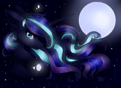 Size: 3656x2665 | Tagged: safe, artist:galaxynight100, derpibooru import, princess luna, alicorn, pony, g4, black background, blue eyes, blue mane, bust, crown, dark, digital art, ethereal mane, female, flowing mane, gem, glowing, high res, horn, jewelry, looking at you, mare, moonlight, night, peytral, regalia, simple background, smiling, smiling at you, solo, sparkles, starry mane, stars