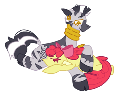 Size: 1000x775 | Tagged: safe, artist:voiarc-draws, derpibooru import, apple bloom, zecora, earth pony, pony, zebra, female, filly, foal, mare, simple background, transparent background