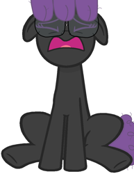 Size: 724x936 | Tagged: safe, artist:hexals, derpibooru import, oc, oc only, oc:hexaline equeeb, pony, unicorn, base used, black coat, crying, ears, floppy ears, glasses, messy mane, messy tail, purple mane, purple tail, simple background, sitting, solo, tail, white background