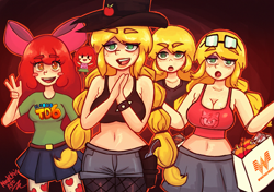 Size: 2077x1466 | Tagged: safe, artist:nightkrisart, derpibooru import, apple bloom, applejack, human, amy rose, apple sisters, applerack, bag, belly button, blush sticker, blushing, breasts, chibi, cleavage, clothes, glasses, hat, humanized, midriff, open mouth, open smile, peace sign, shirt, shorts, siblings, sisters, skirt, smiling, sonic the hedgehog (series), t-shirt, tanktop, triality, whataburger