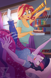 Size: 2030x3081 | Tagged: safe, artist:theretroart88, derpibooru import, sci-twi, sunset shimmer, twilight sparkle, human, equestria girls, alarm clock, bed, bedroom, birthday, birthday cake, birthday surprise, blanket, book, bookshelf, breasts, busty sci-twi, cake, cleavage, clock, clothes, derp, dialogue, digital art, duo, duo female, emanata, female, food, glasses off, high res, lesbian, motion lines, open mouth, open smile, paint tool sai, pajamas, pillow, scitwishimmer, shipping, shirt, signature, smiling, socks, sparkler (firework), startled, sunset jiggler, sunsetsparkle, surprise party, text, waking up, window