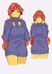 Size: 2896x4096 | Tagged: safe, artist:deeemperor, derpibooru import, sunset shimmer, equestria girls, breasts, clothes, cute, embarrassed, female, looking at you, no pants, open mouth, sexy, shimmerbetes, solo, sunset jiggler, sweater, turtleneck