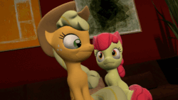 Size: 1200x675 | Tagged: safe, artist:triforceellie, derpibooru import, apple bloom, applejack, earth pony, pony, 3d, animated, apple sisters, blinking, faic, female, filly, foal, gif, gmod, looking at you, mare, siblings, sisters, sofa