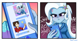 Size: 1024x542 | Tagged: safe, artist:ameliacostanza, derpibooru import, trixie, human, better together, equestria girls, blushing, camera, cellphone, commission, cross-popping veins, crossover, emanata, idiot, internal screaming, marvel, oblivious, one eye closed, peter parker, phone, spider-man, spiders and magic: rise of spider-mane, trixie is not amused, unamused, vein, wink