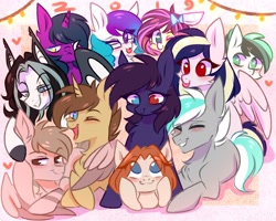 Size: 2560x2048 | Tagged: safe, artist:pesty_skillengton, derpibooru import, oc, oc:dreamer skies, oc:natea, oc:pestyskillengton, oc:rainwing, oc:silvernote, bat pony, earth pony, pegasus, pony, unicorn, heart, heterochromia, horn, sketch, smiling, solo, tongue, tongue out