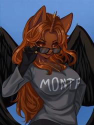 Size: 4364x5818 | Tagged: safe, artist:gind., derpibooru import, oc, oc only, oc:princess enigma, alicorn, anthro, alicorn oc, anthro oc, breasts, clothes, female, glasses, horn, looking at you, mare, shirt, slit eyes, solo, wings