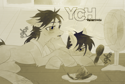 Size: 4316x2925 | Tagged: safe, artist:teturirusu, derpibooru import, pony, any gender, any race, any species, blushing, commission, duo, food, heat, lying down, watermelon, ych result, your character here