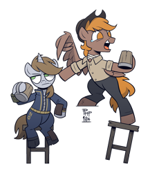 Size: 2000x2300 | Tagged: safe, artist:php104, derpibooru import, oc, oc only, oc:calamity, oc:littlepip, pegasus, pony, unicorn, fallout equestria, button-up shirt, cider, clothes, fallout, jumpsuit, laughing, mug, pants, pipbuck, pointing, shirt, simple background, stool, transparent background, unamused, vault suit, wings