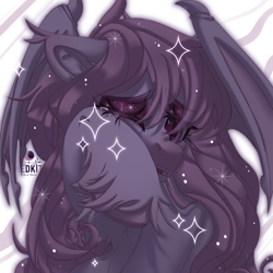 Size: 2500x2500 | Tagged: safe, alternate version, artist:medkit, derpibooru import, oc, oc only, oc:pepper thomson, bat pony, pony, chest fluff, colored eyebrows, colored eyelashes, colored hooves, colored muzzle, colored pupils, colored sketch, colored wings, crying, dark, ear fluff, ears, ears back, eye clipping through hair, eyebrows, eyebrows visible through hair, eyeshadow, fangs, female, fringe, glowing, glowing mane, gradient hooves, half body, high res, horseshoes, long mane, loose hair, makeup, mare, membranous wings, open mouth, paint tool sai 2, partially open wings, pink eyes, pink mane, raised hoof, raised leg, sad, signature, simple background, sitting, sketch, solo, stars, tassels, teeth, two toned coat, unshorn fetlocks, wall of tags, watermark, wavy mane, white background, white coat, wings