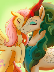 Size: 1280x1708 | Tagged: safe, artist:imperiialfrost, derpibooru import, fluttershy, rain shine, kirin, pegasus, pony, blushing, cute, digital art, eyelashes, eyes closed, eyeshadow, feather, female, fluttershine, flying, green mane, horn, lesbian, looking at each other, looking at someone, makeup, mare, pink mane, scales, shipping, sky, smiling, smiling at each other, spread wings, sunlight, wings