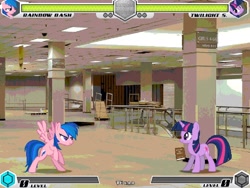 Size: 1080x810 | Tagged: safe, artist:tom artista, derpibooru import, firefly, rainbow dash, twilight sparkle, unicorn twilight, pegasus, pony, unicorn, fighting is magic, g1, book, duo, empty, fan game, female, indoors, mare, new, palette swap, recolor, room, sears, stage, store