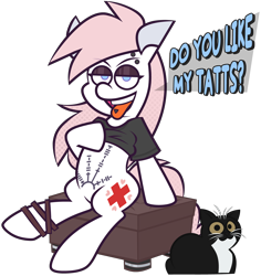 Size: 5200x5510 | Tagged: safe, artist:threetwotwo32232, derpibooru import, nurse redheart, cat, earth pony, pony, g4, clothes, female, looking at you, mare, shirt, simple background, sitting, t-shirt, talking to viewer, tattoo, transparent background