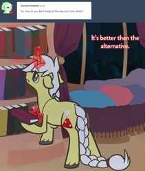 Size: 1006x1194 | Tagged: safe, artist:llimus, derpibooru import, oc, oc only, oc:alton, pony, unicorn, book, bookshelf, braid, braided tail, everfree forest, magic, male, solo, stallion, tail, tumblr:ask alton