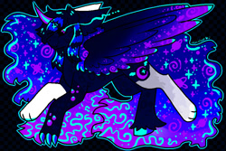 Size: 900x600 | Tagged: safe, artist:remsleep, derpibooru import, oc, oc only, oc:empress, alicorn, draconequus, alicorn oc, black background, claws, female, horn, signature, simple background, solo, spread wings, unshorn fetlocks, wings