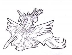 Size: 2539x1952 | Tagged: safe, alternate version, artist:foldawaywings, derpibooru import, twilight sparkle, twilight sparkle (alicorn), alicorn, pony, black and white, cape, clothes, female, grayscale, hair bun, hoof shoes, inked, lineart, mare, monochrome, simple background, sitting, solo, spread wings, sword, traditional art, weapon, white background, wings