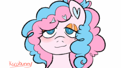 Size: 1920x1080 | Tagged: safe, artist:kocobunny, derpibooru import, oc, oc only, oc:angel bliss, pegasus, pony, animated, blushing, bust, eye clipping through hair, eyebrows, eyebrows visible through hair, eyes closed, eyeshadow, female, gif, makeup, mare, open mouth, open smile, pegasus oc, portrait, signature, simple background, smiling, sneezing, solo, white background