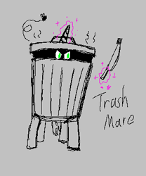 Size: 325x391 | Tagged: safe, ponerpics import, oc, oc:molly cutter, fly, insect, pony, unicorn, aggie.io, cork, female, knife, lowres, magic, mare, monochrome, simple background, trash can