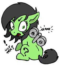 Size: 999x1103 | Tagged: source needed, safe, artist:anonymous, twibooru import, oc, oc:anon filly, pony, /mlp/, 4chan, female, filly, foal, looking at you, looking back, looking back at you, shocked, simple background, solo, transparent background, wind-up key