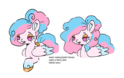 Size: 1698x1074 | Tagged: safe, artist:10uhh, derpibooru import, oc, oc only, oc:angel bliss, pegasus, pony, beauty mark, eyeshadow, female, lidded eyes, makeup, mare, open mouth, open smile, pegasus oc, simple background, smiling, solo, tail, white background, wings