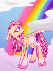 Size: 1535x2048 | Tagged: safe, artist:sugvr_alien, derpibooru import, fluttershy, pegasus, pony, alternate design, alternate hairstyle, cloud, on a cloud, rainbow, solo, standing on a cloud