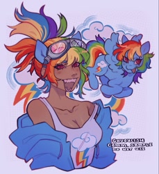 Size: 1099x1200 | Tagged: safe, artist:ghuoulish, derpibooru import, rainbow dash, human, pegasus, pony, breasts, cleavage, clothes, eared humanization, fangs, four ears, goggles, goggles on head, hoodie, humanized, kotobukiya, kotobukiya rainbow dash, self paradox, self ponidox, smiling, tan skin, tanktop, teeth