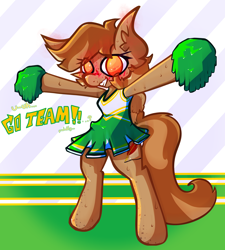 Size: 3558x3954 | Tagged: safe, artist:foxtrnal, derpibooru import, oc, oc only, oc:amber wings, pegasus, semi-anthro, amber eyes, blushing, brown mane, cheerleader, cheerleader outfit, clothes, male, solo, sweat, sweatdrop, text