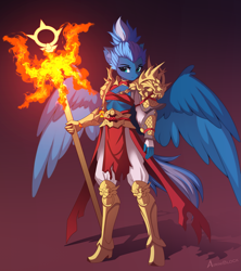 Size: 1907x2149 | Tagged: safe, artist:airiniblock, derpibooru import, oc, oc only, oc:vivid tone, anthro, pegasus, anthro oc, armor, dark background, eyebrows, fire, gradient background, high res, magic staff, pauldron, pegasus oc, rcf community, shadow, signature, solo, wings