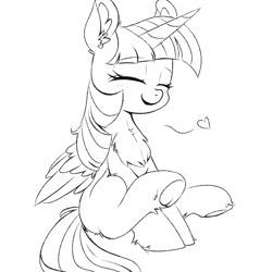 Size: 1080x1080 | Tagged: safe, artist:twiliset, derpibooru import, twilight sparkle, twilight sparkle (alicorn), alicorn, pony, black and white, blushing, chest fluff, cute, daaaaaaaaaaaw, eyes closed, floating heart, fluffy, grayscale, happy, heart, monochrome, simple background, sketch, smiling, solo, twiabetes, white background