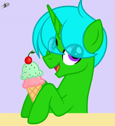 Size: 3392x3687 | Tagged: safe, artist:darkmoonsilver, derpibooru import, oc, oc:green byte, pony, unicorn, commission, food, ice cream, male, stallion, ych result