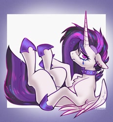 Size: 2444x2635 | Tagged: safe, artist:opalacorn, derpibooru import, princess celestia, alicorn, pony, chest fluff, choker, female, looking at you, lying down, mare, missing cutie mark, on back, passepartout, punklestia, solo, spiked choker