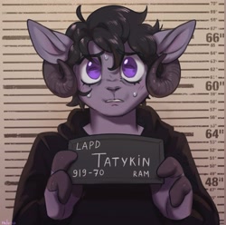 Size: 2650x2631 | Tagged: safe, artist:helemaranth, derpibooru import, oc, oc only, anthro, goat, barbie mugshot meme, meme, mugshot