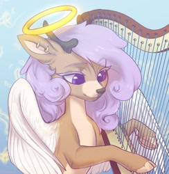 Size: 3440x3528 | Tagged: safe, artist:helemaranth, derpibooru import, oc, oc only, angel, deer, angelic wings, cloven hooves, dexterous hooves, halo, harp, musical instrument, solo, wings