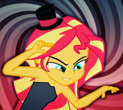 Size: 910x811 | Tagged: artist needed, source needed, safe, alternate version, derpibooru import, sunset shimmer, human, equestria girls, clothes, costume, female, hand, hat, hypnosis, hypnotist, solo, spiral, spiral background, sunset